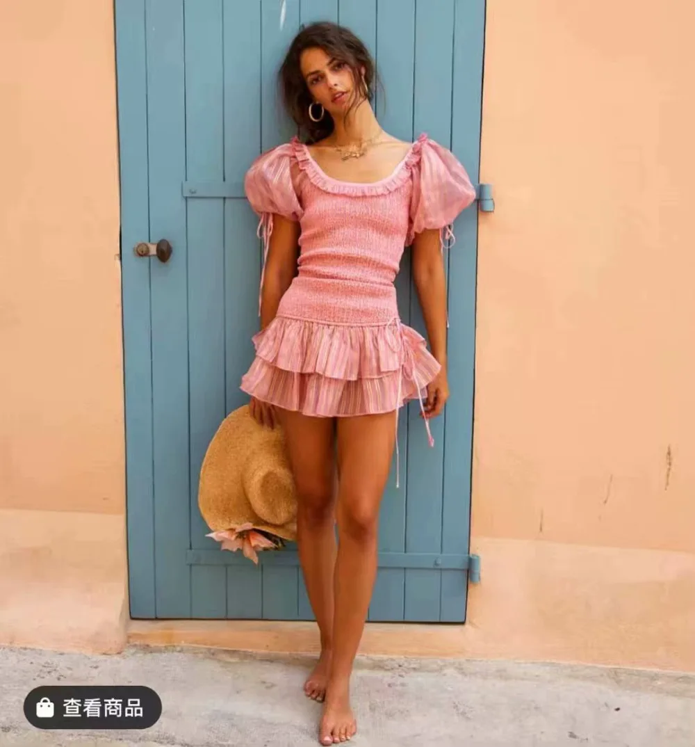 Linjiashop Loveshackfancy autumn pink dress short sleeve vintage slim special chiffon ruffles mini dress dropshipping
