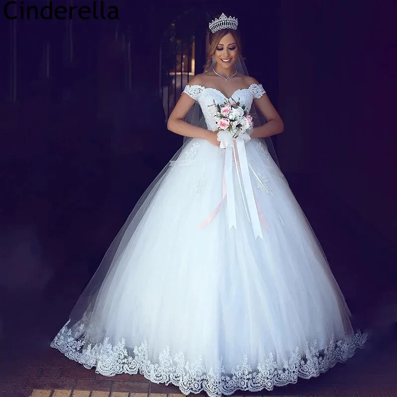 

Wedding Dresses Off The Shoulder Ball Gown Tulle Lace Applique Wedding Dresses With Lace Up Bridal Gowns vestido de noiva