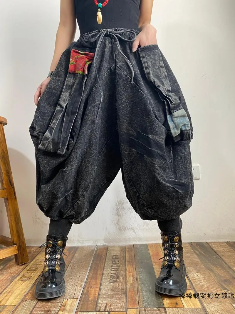 LYUZHE Vintage Solid Tie Feet Denim Wide Leg Pants Women 2021 Summer Distressed Drawstring Ankle-Length Pants Black Blue QDY110