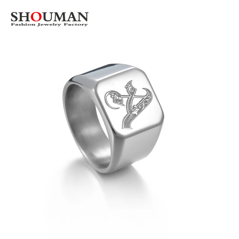 

SHOUMAN Retro Initials Signet Ring for Men Women Bulky Heavy Stamp Band Stainless Steel Custom Name Photo Letters Jewelry Gift