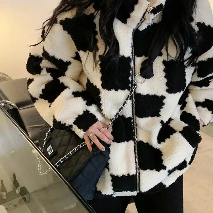 

Women Sweatshirt Harajuku Korean Black Checkerboard Lamb-hair Coat For Women Hoodie Loose Thin Long Sleeved Hooded Coat