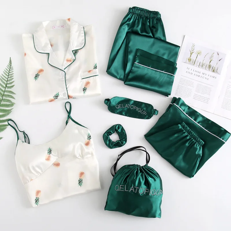 

Spring New Fashion Home Clothing Sexy Silk 7 Piece Set Autumn Shorts Pjs Sleeping Suit Girl Pink Pajama Satin Pyjamas Women's