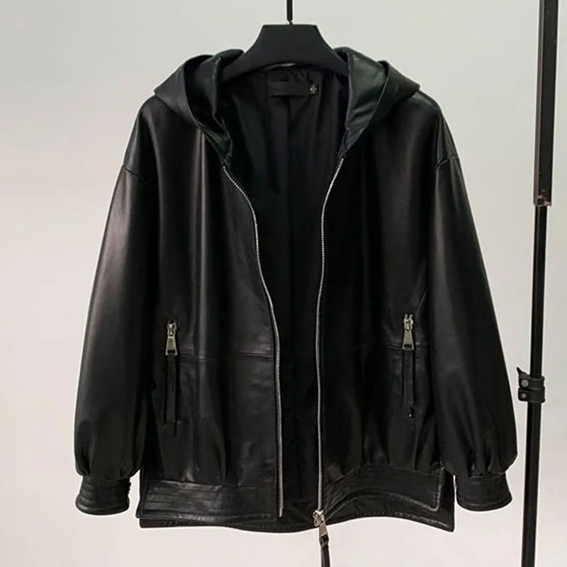 2021 New Spring Leather Women's Hoodie Korean Edition Slim Sheepskin Large Casual Baseball Jacket