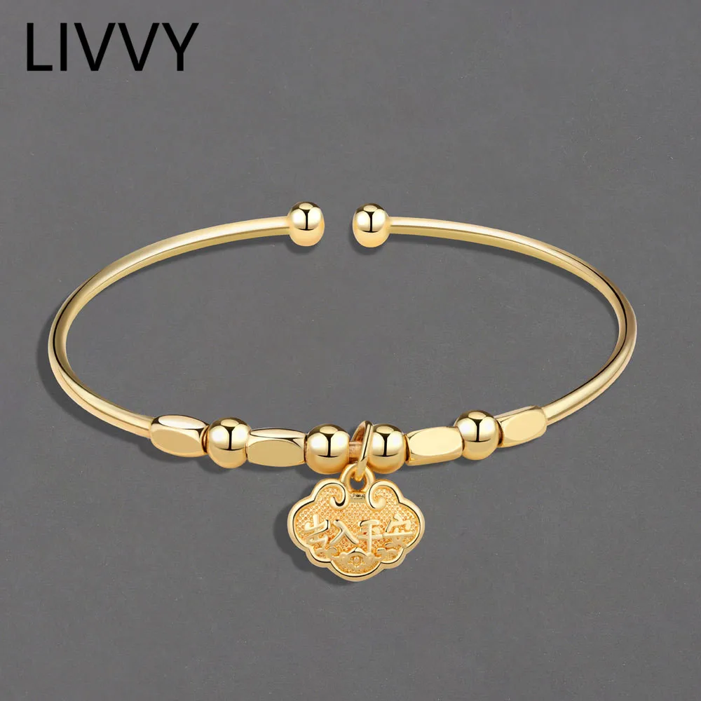 

LIVVY Silver Color Chinese Wishful Peace Lock Long Life lock bracelet Bangle for female Health Birthday Party Gifts Wholesale