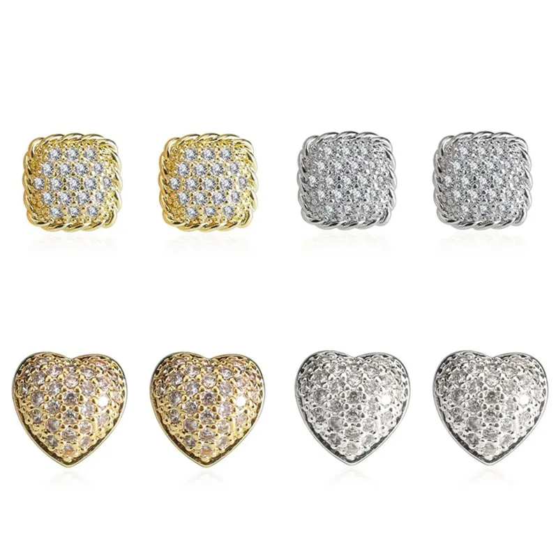 

Women Fashion Heart Sqare Earrings With Full Crystal Gold Color No Fade Allergy Free Classical Style Brass Material