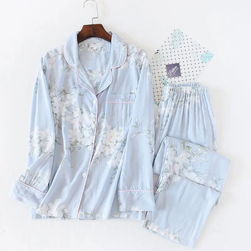 Blue Пижамы для женщин, пижамные комплекты, повседневная одежда для сна, качественная пижама с длинным рукавом, Женская домашняя одежда, полная Домашняя одежда с цветочным рисунком, Пижамы - Цвет: Blue