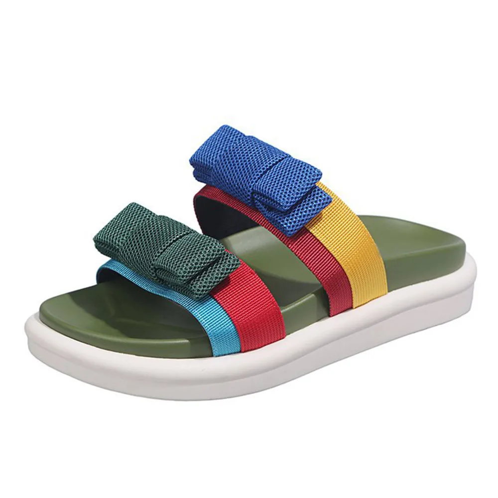 Женские шлепанцы на платформе с открытым носком и бантиком Цветные сандалии