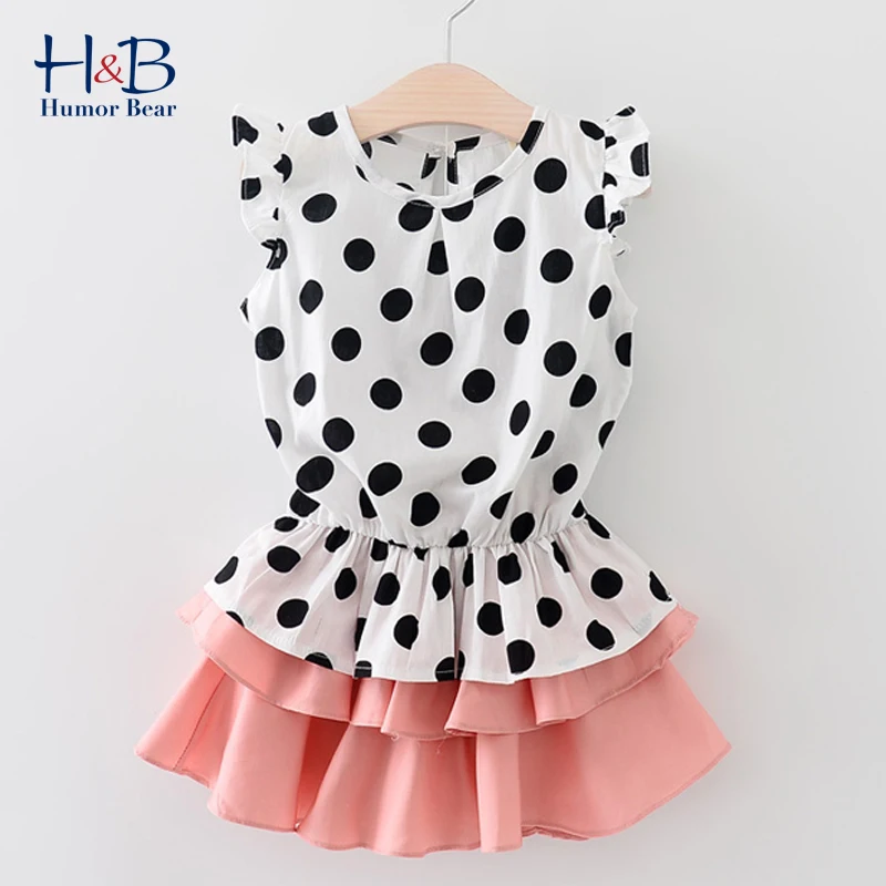 

Humor Bear Girls Clothes Set New Summer Sleeveless Ploka Dot Printed shirt +Cake Skirt 2Pcs Sweet Clothes