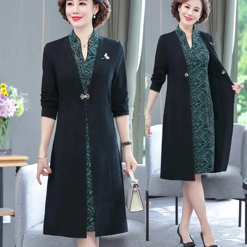 

Spring Autumn Morther Dress Chinese Style Long Cheongsam Dress Middle Aged Women Fake Two Pieces Eegant Vestido XL-5XL