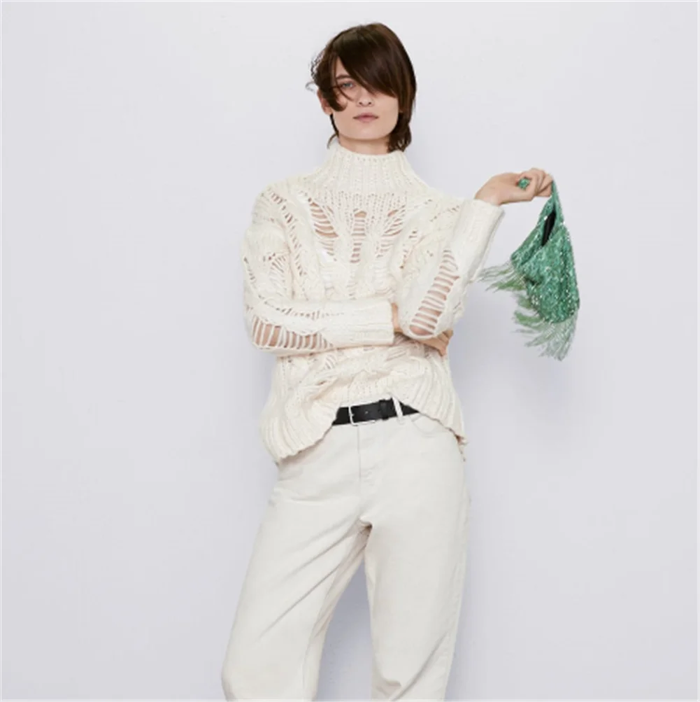 2019 ZA женский свитер ручной работы новый полый дизайн восемь нитей вязаный