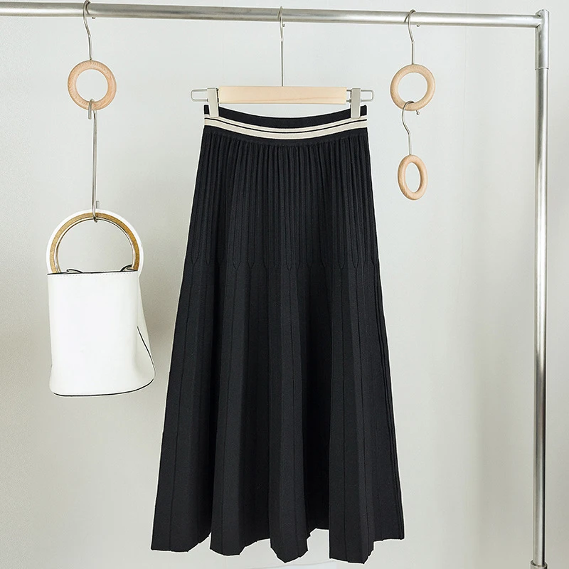 

Sherhure 2020 Women Autumn Knitted Pleated Long Skirts Faldas Jupe Femme Saia Vintage Women High Waist A-Line Black Skirt