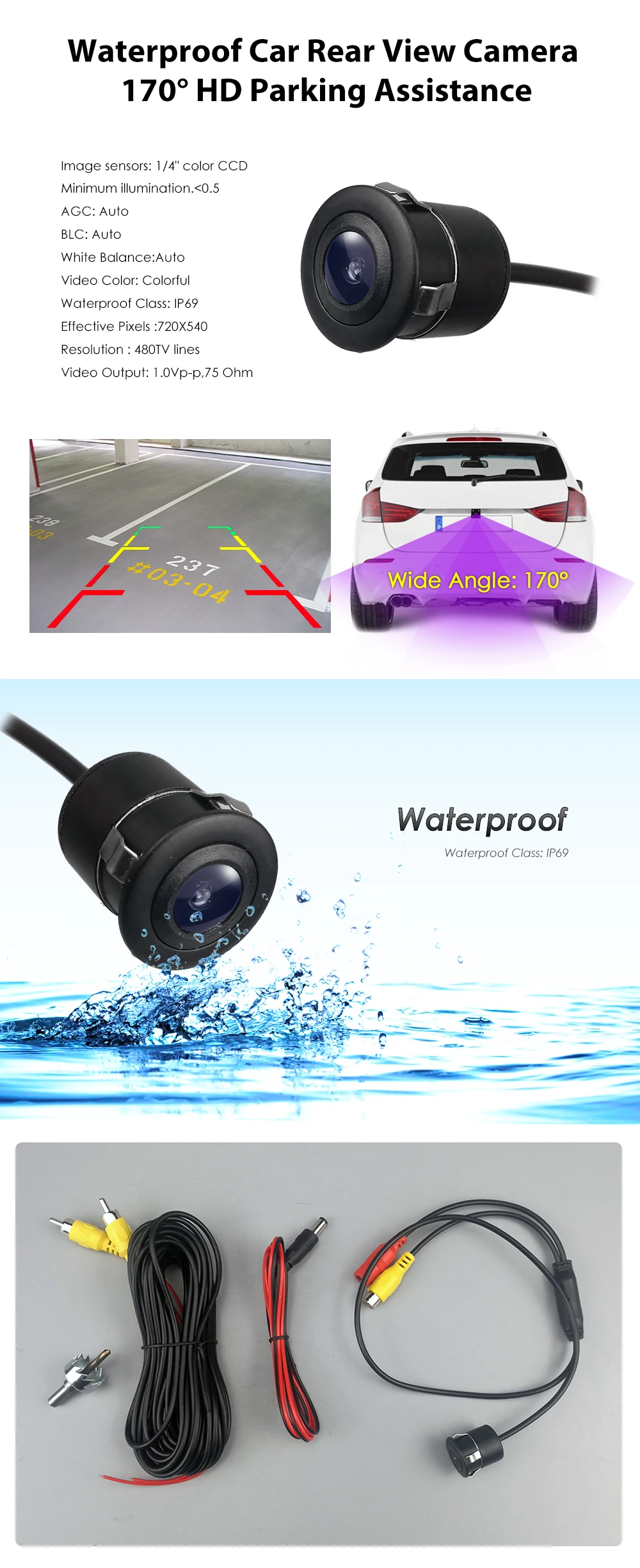 Mini Waterproof Car Parking Assistance Reversing Back Rear View Camera HD Wire Car Rear View Camera with 8 led for all cars