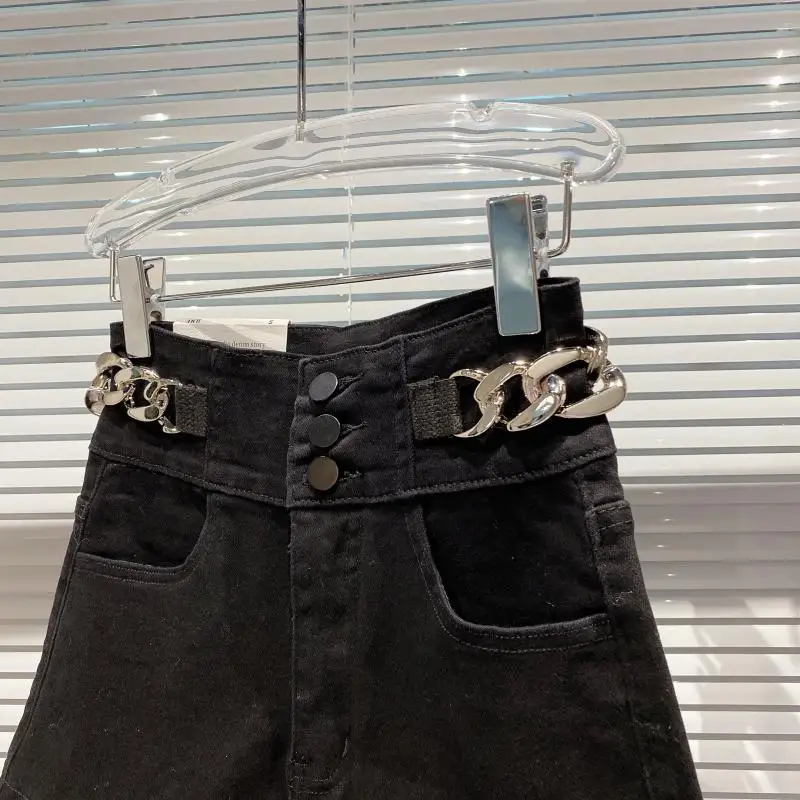 

Women's Denim Short Pants 2021 Spring Summer New High Waist Metal Chain Design Washed Three-Point Black Mini Shorts Pantalones