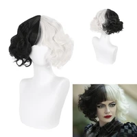 cruella deville womens kuila black and white wig with bangs short wave curly synthetic hair wig party cosplay halloween wig