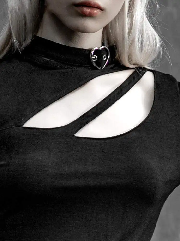 Панк рейв Женская сплошной цвет с длинным рукавом вырез футболки чокером PT