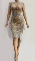 shining silver crystals fringes transparent dress birthday see through sexy rhinestones chain outfit women singer evening dress