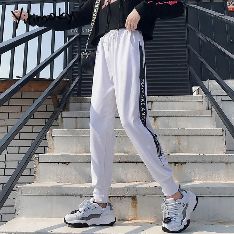 Брюки женские спортивные с высокой талией белые джоггеры уличная одежда черные