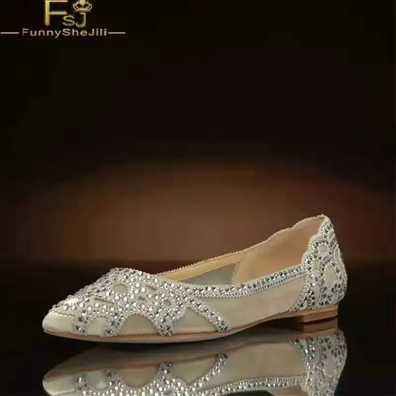 

Silver Rhinestone Mesh Flats Pointed Toe Beige Lining Customization Women Shoes Large Size 44 45 46 Spring Leisure 2021 FSJ
