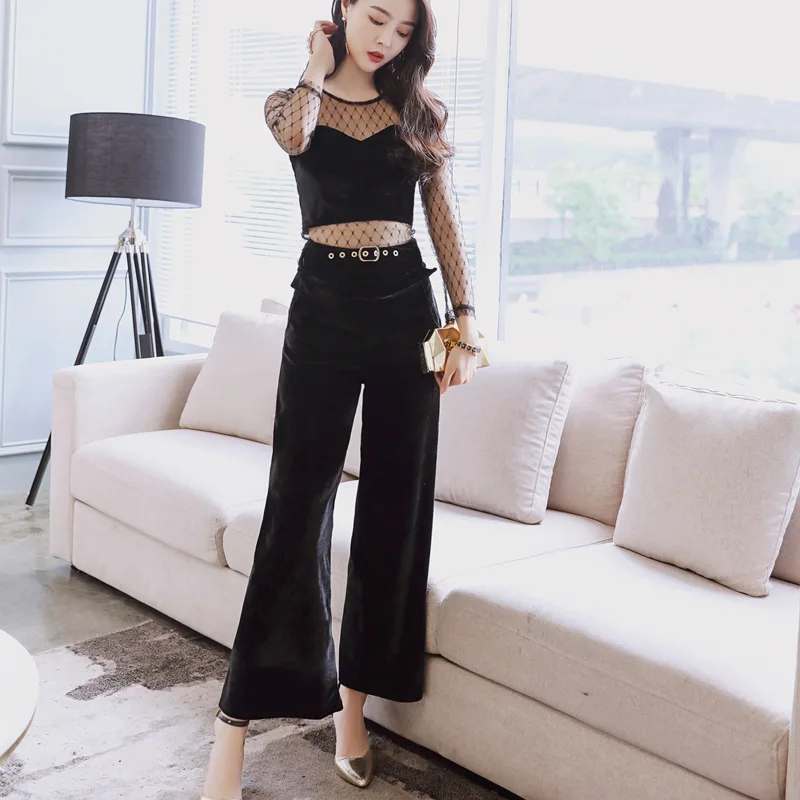 

2019 Autumn Women OL 2 Piece Set Black Suit Elegant Party Office Patchwork Mesh Tops and Long Straight Pants Set Two Piece Suit