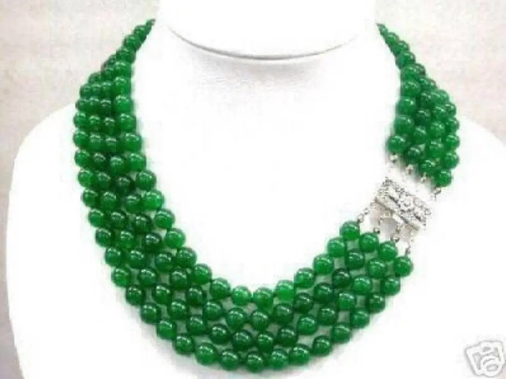 

wholesale Stunning pretty 4 rows 16-18" green Natural jade round beads necklace