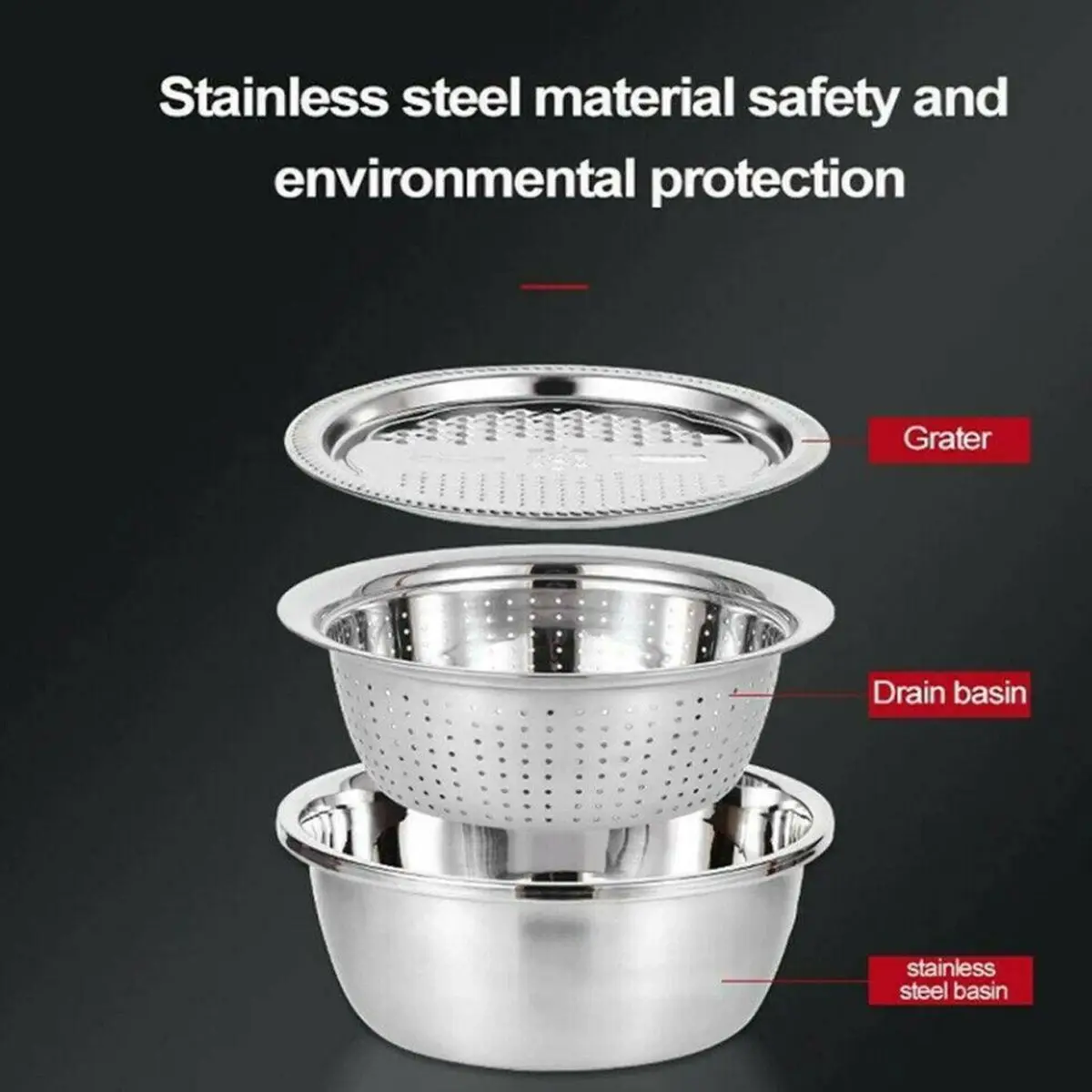 

30cm 3 Pcs/Set Multifunctional Kitchen Graters Cheese With Extra Large Stainless Steel Drain Basin For Vegetables Fruits Salad