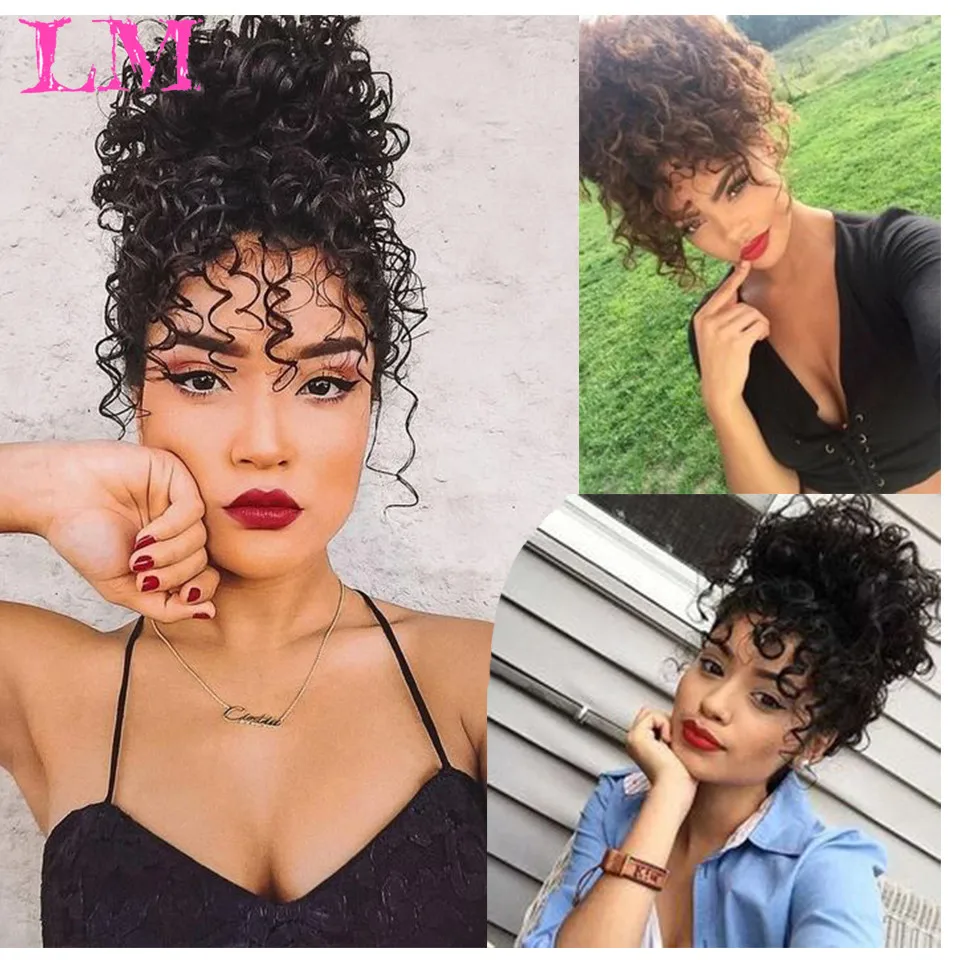

LM Puff Afro Kinky Short Curly Bangs Drawstring Afro Chignon Short Ponytail Kinky Curly with Bangs Fringe Synthetic Hair Ex