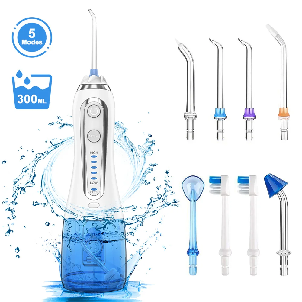 

h2ofloss New Upgrade Portable Oral Irrigator 5 Modes Water Flosser USB Cordless IPX7 Dental Teeth Cleaner with 8 Jet Tips&Bag