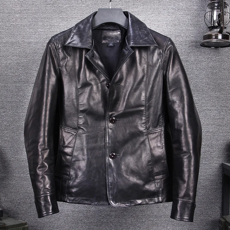 

men's 2021 smart casual genuine leather jacket men slim fit single breasted vintage leather coat men black Water dyed sheepskin