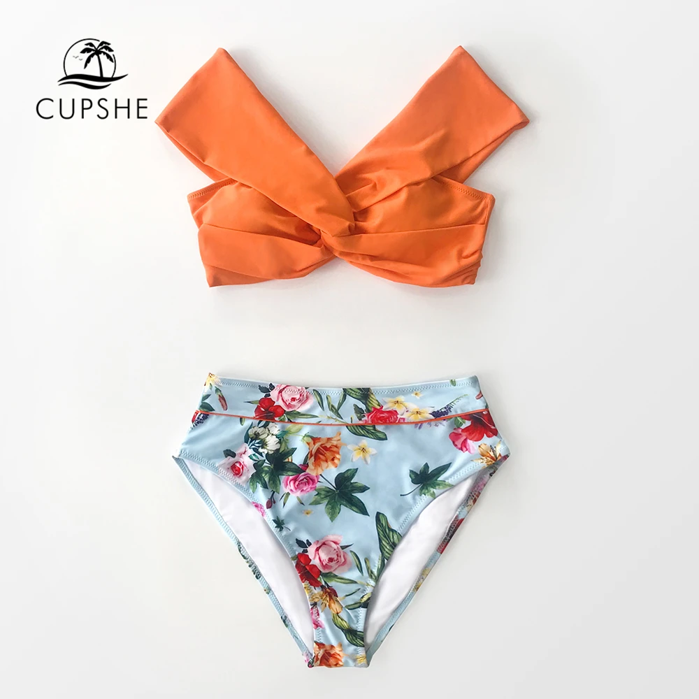 CUPSHE Оранжевый Цветочный скрученный комплект бикини с высокой талией сексуальный
