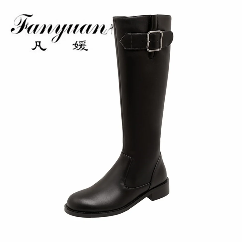 

Fanyuan 2021 Fashion Buckle Women Genuine Leather Knee High Boots Autumn Winter Thick Heels Mature Concise Platforms Shoes Woman