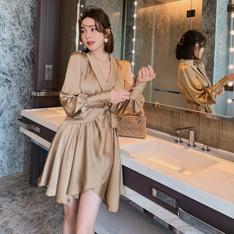 

2020 Autumn Long Sleeve V Neck Bandage Asymmetrical for Women Party Night Dress High End Vintage Khaki Women's Dresses Vestidos