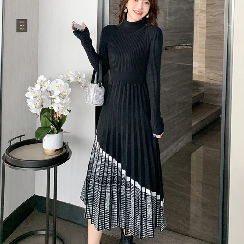 

High Quality Luxury Houndstooth Knitted Pleated Long Dress Women Fall Winter Patchwork Chic Black Warm Sweater Dress Robe Femme