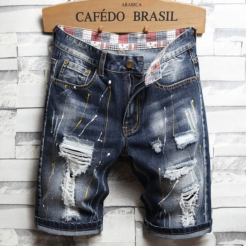 

Men's Jean Shorts Summer Ripped Patchwork Mens Trousers Knee Length Design Hip Hop Pants Distressed Denim Streetwear Male Jeans