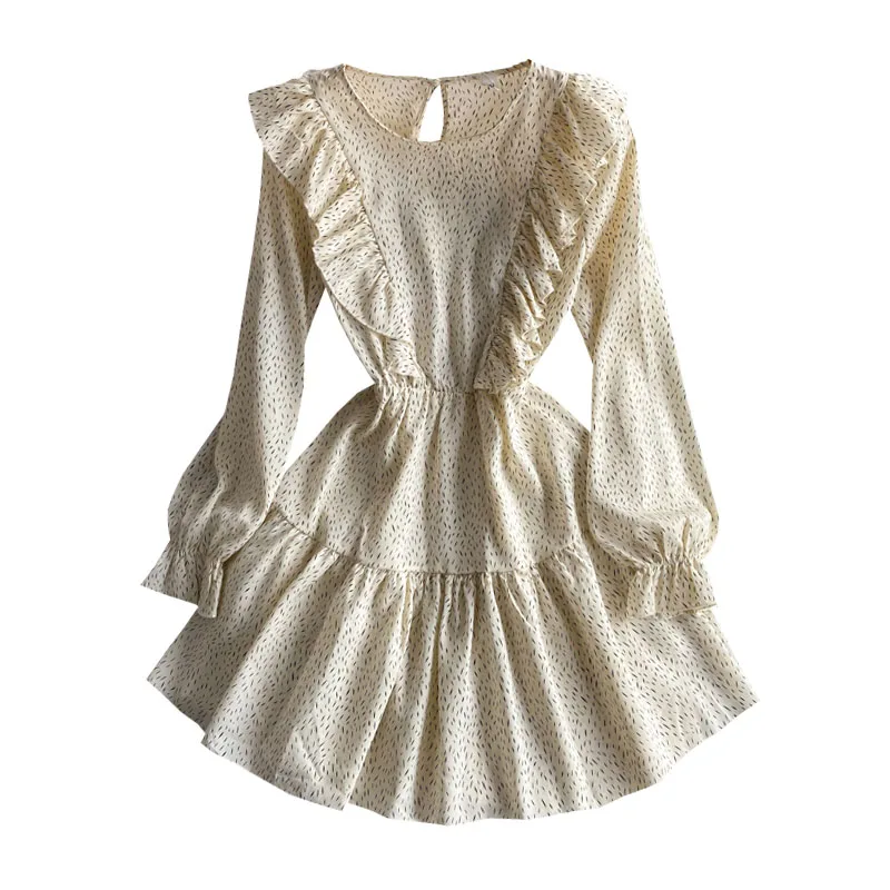 

2021 spring new French retro round neck waist slim Ruffle Floral Chiffon A-line dress long sleeve