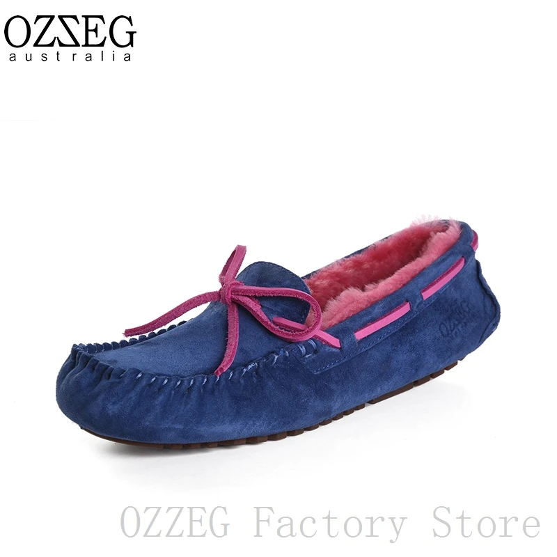 OZZEG; Роскошная брендовая дизайнерская обувь; женская зимняя обувь из натуральной кожи на плоской подошве; австралийская подкладка из натуральной овечьей шерсти; лоферы; обувь унисекс - Цвет: Синий