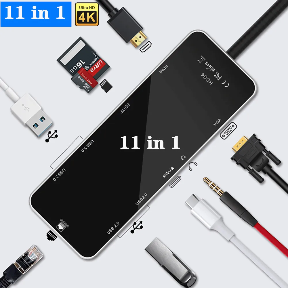 

USB Type C male HUB to 4K 3.5mm audio RJ45 1000M VGA USB 3.0 PD Adapter for MacBook Pro 2021 USB-C Splitter 11 in 1 USB C HUB