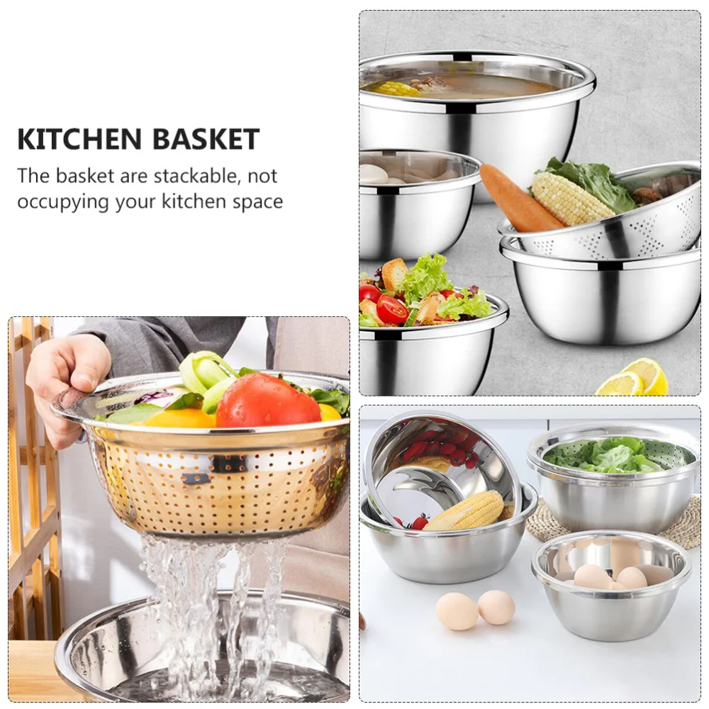 

5Pcs Stainless Steel Vegetable Washing Basin Rice Washing Sieve Cleaning Basins