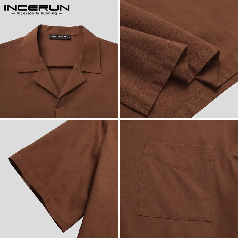 

INCERUN Solid Color Short Sleeve Lapel Camisa Men Casual Shirts Man Leisure Pocket Loose Blouse Korean Style Cotton Shirts S-5XL