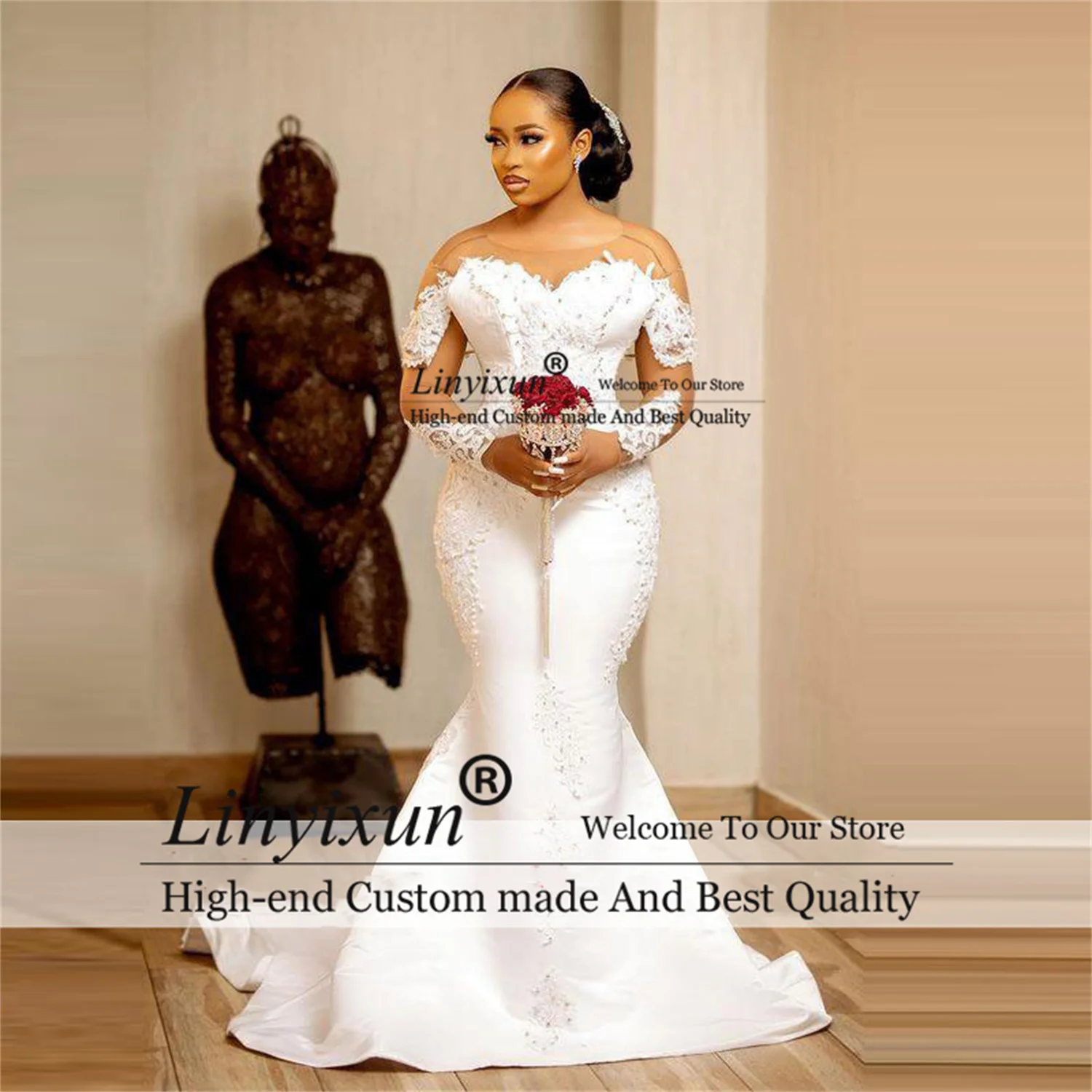 

Aso Ebi Свадебные платья-русалки 2022 с прозрачным воротником Иллюзия с длинными рукавами свадебное платье аппликационные Жемчужины для Кружев...