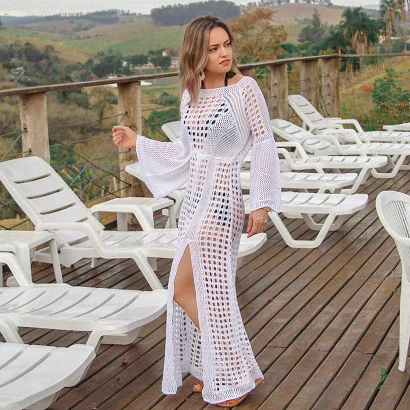 Вязаное пляжное платье 2021 Пляжная накидка Вязаная пляжная туника парео