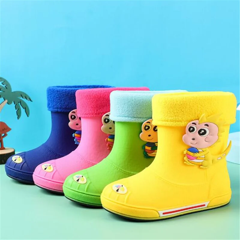 

Детские непромокаемые ботинки, ПВХ, с мультяшным динозавром, теплые водонепроницаемые Нескользящие, для зимы
