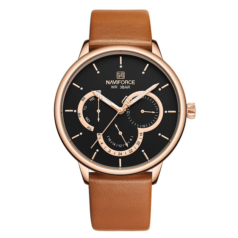 Rose Gold Black NAVIFORCE мужские часы модные бизнес часы мужские кожаные водонепроницаемые кварцевые наручные часы 24 часа мужские часы Relogio Masculino - Цвет: Rose Gold Black