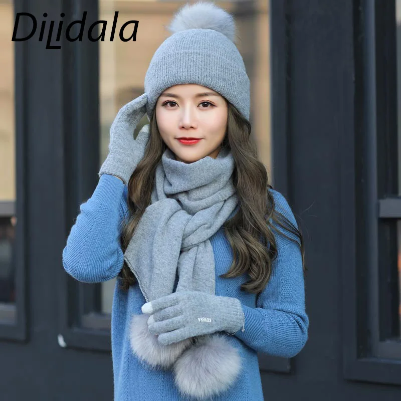 Dilidala Hat Scarf Gloves Winter Woman Thickened Double Wool Fashion Wild Warm &amp Glove Sets For Women |