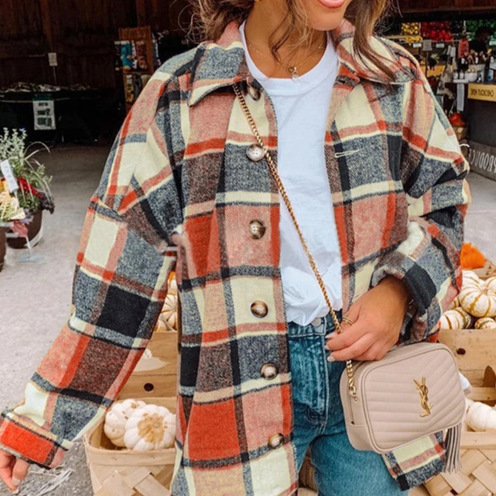 

2021New Spring Long Blouses Shirts Plus Size Women Loose Casual Green Plaid Long Sleeve Button Up Turn Down Collared Tops Jacket