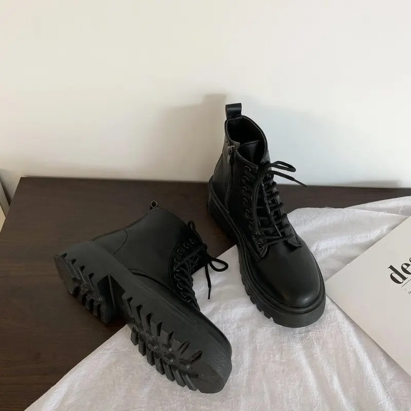 Ботинки на платформе Обувь в готическом стиле Женские ботинки Черные кожаные