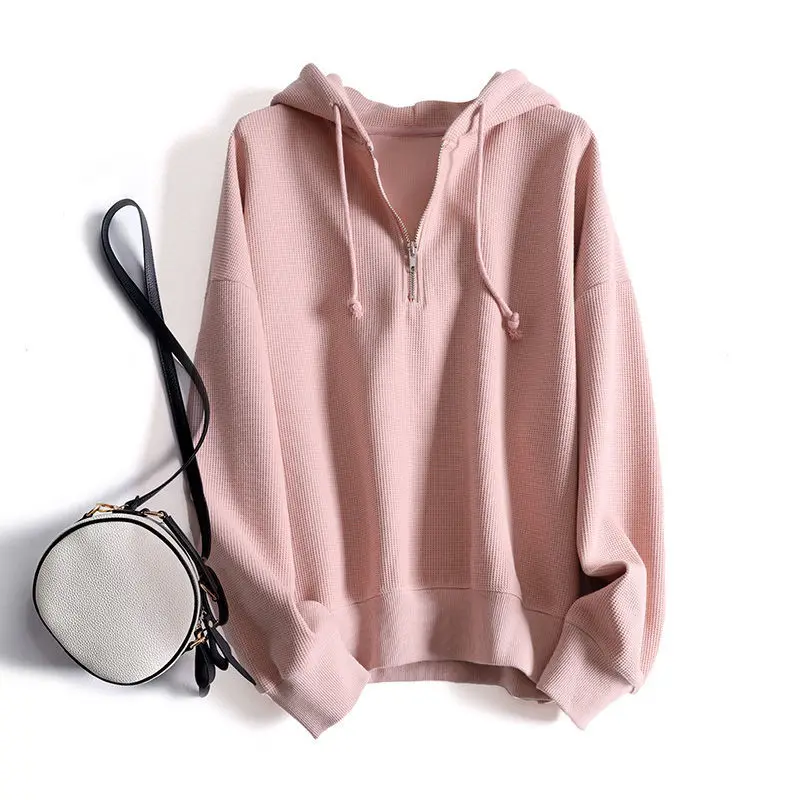 

Women Waffle Hoodie Sweatshirts Autumn Spring Fashion 2021 New Loose Oversize Ladies Pullovers Half Zipper Collar Hooded Hoodies