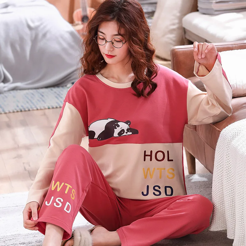 Style 2056 Пижамный комплект, Женский хлопковый весенне-осенний костюм из двух предметов с длинными рукавами, большие размеры, зимние студенческие милые брюки и топ, одежда для сна - Цвет: Style 2056