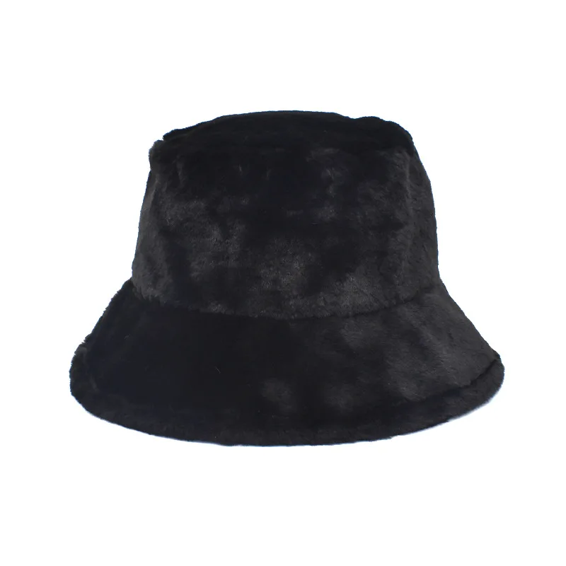 

2020 New Winter Outdoor Vacation Lady Panama Black Solid Thickened Soft Warm Fishing Cap Faux Fur Rabbit Bucket Hat for Women