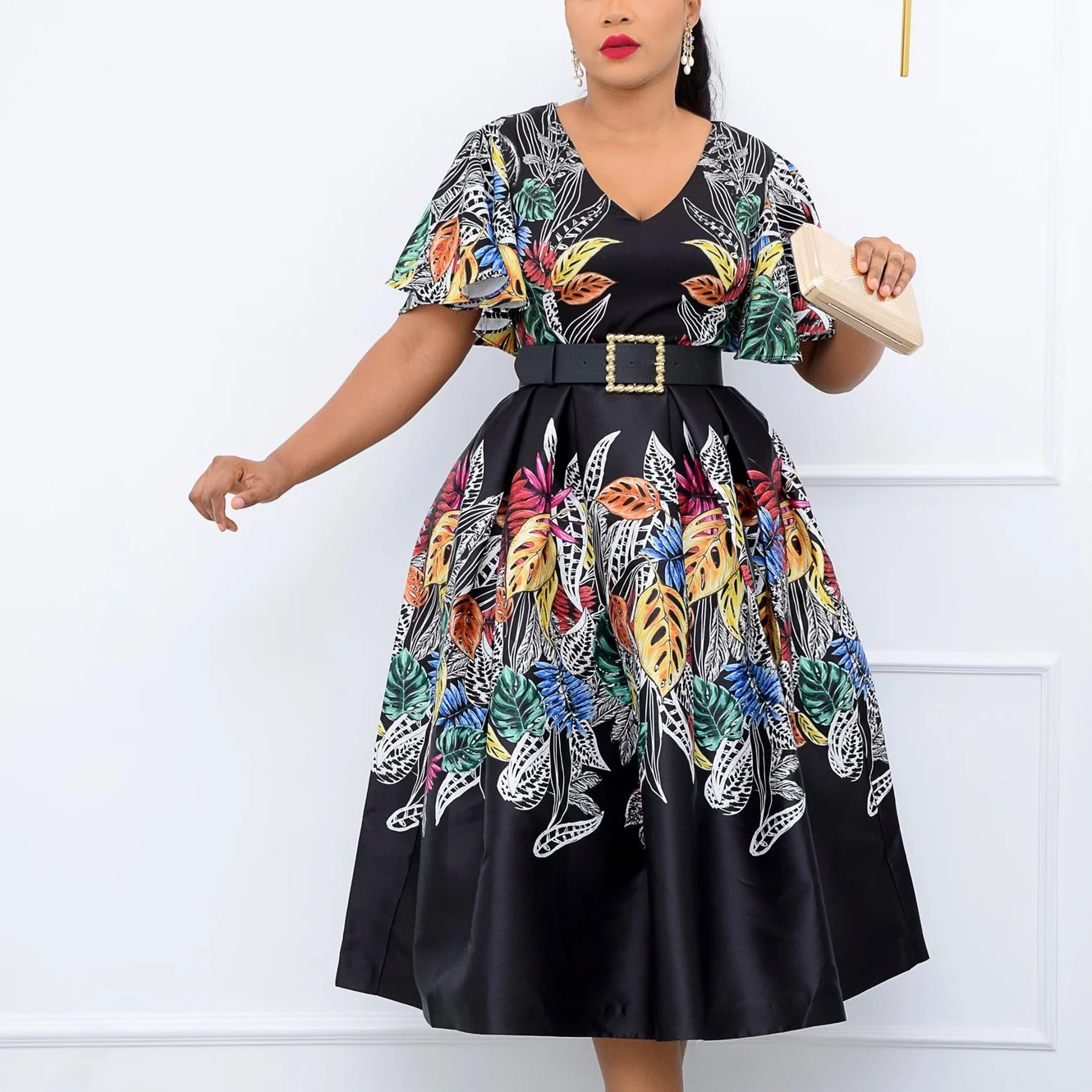 

African Dresses for Women Roupas Femininas Sukienka Print Vestido Midi Vintage Clothes Robe Africaine Femme V Neck Black Dress