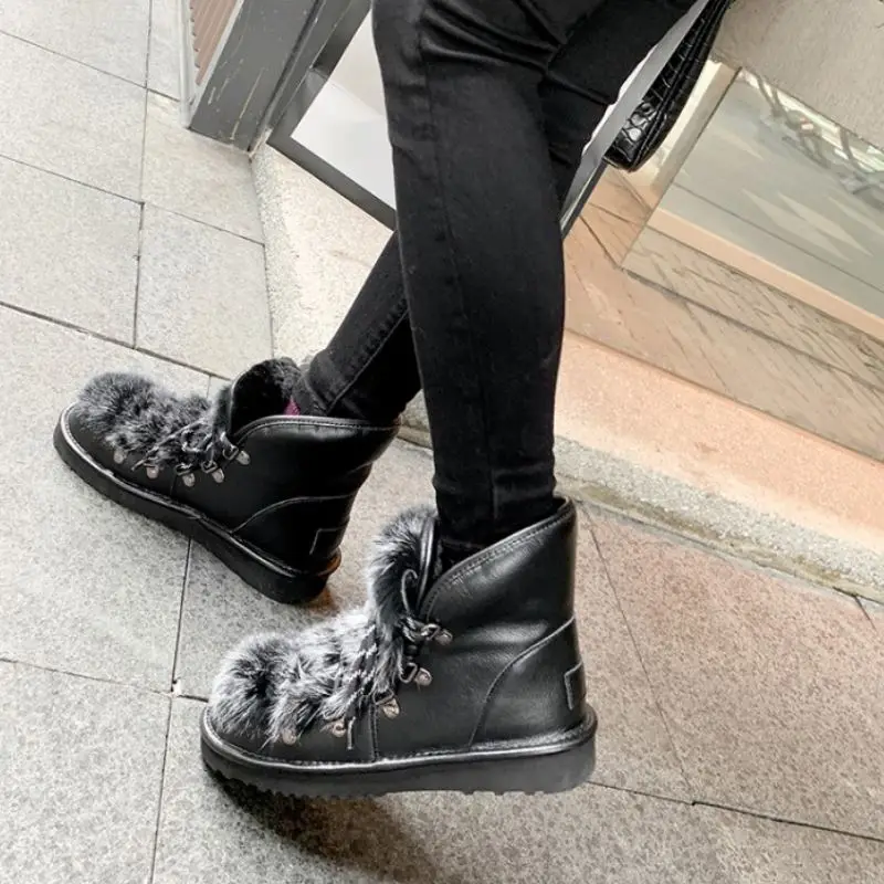 

KemeKiss Women Snow Boots Real Leather Plush Fur Warm Flats Winter Shoes Woman Cross Strap Ankle Boot Lady Footwear Size 34-43